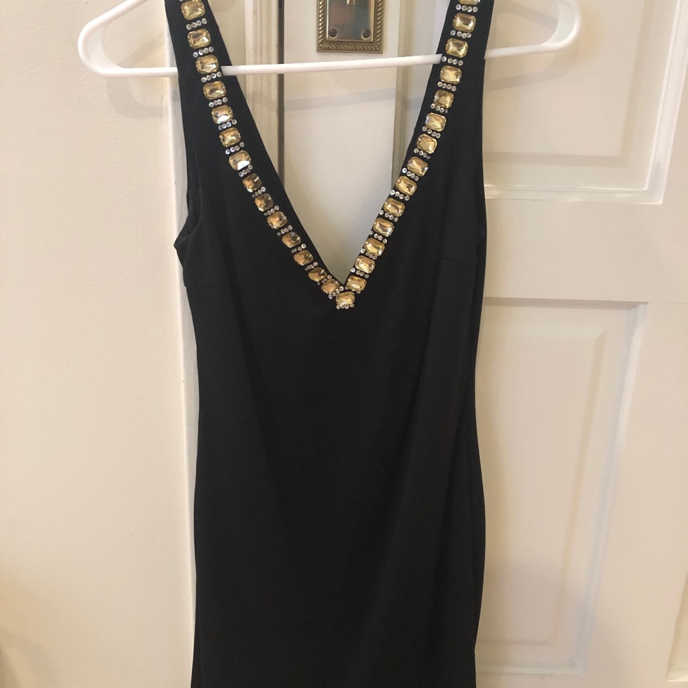 Posh Black Embellished V Neck Mini Dress